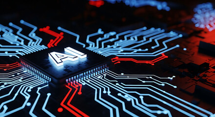 Illuminated AI Microchip on a Futuristic Circuit Board | Concept of Artificial Intelligence, Machine Learning Processor, and Computing Power 