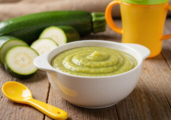 Baby zucchini puree in white bowl with spoon