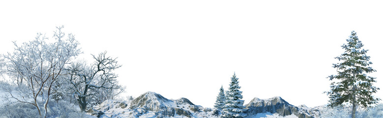 3D render panoramic view of mountains in winter on a transparent background.	
