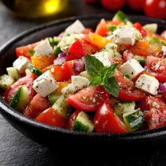 Fresh Greek salad in black bowl close up studio shot featuring tomato cucumber feta cheese onion basil and herbs