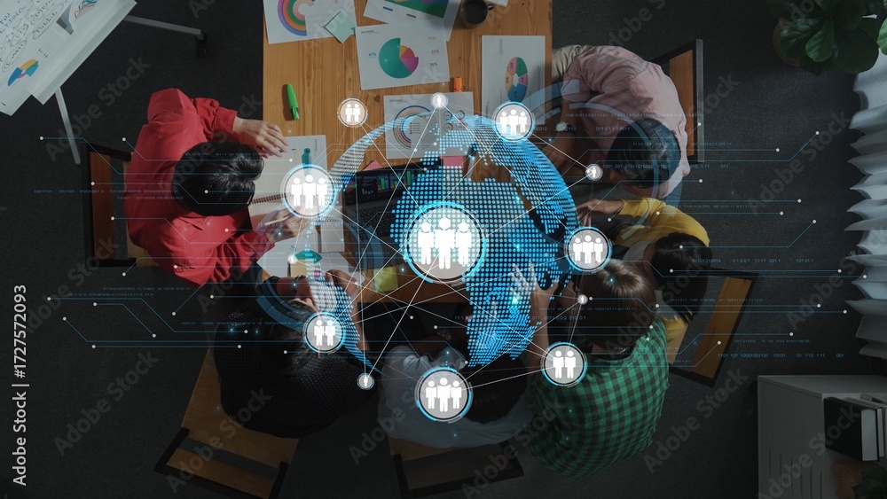 Poster a diverse group of individuals collaborates on a business project, utilizing charts and global netwo