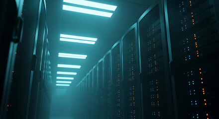 Dimly Lit Data Center Corridor with Server Racks | Concept for Digital Storage, Cloud Technology, IT Infrastructure, and Network Security