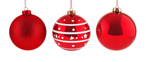 Three Red Christmas Ornaments Glitter, Stripes, Glossy, Isolated on Transparent Background, Christmas Decorations, Holiday Ornament, Red Bauble