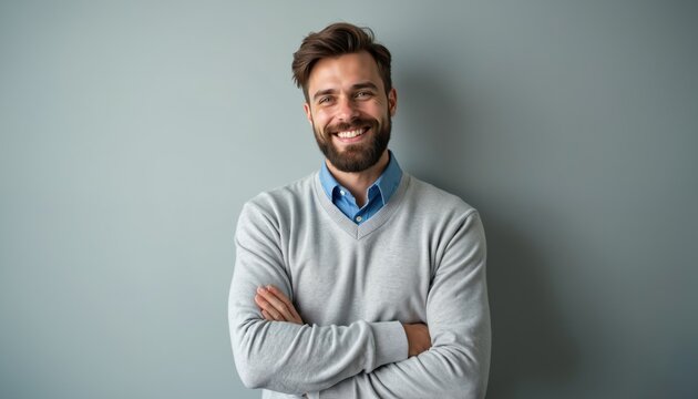 Smiling man with beard wearing grey sweater and blue shirt. Confident guy folds arms looking at camera. Person projects warmth approachability and success. Casual business style.