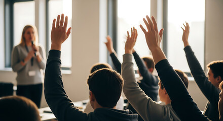 Students raising hands eager to answer questions in a bright classroom setting