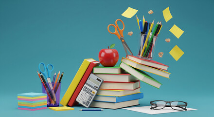 Stack of books with apple and pencils inspiring knowledge and learning on a blue background