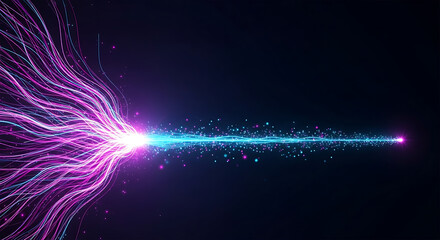 Abstract glowing fiber optic light burst with blue and pink lines, digital data flow, futuristic energy wave, high speed internet and technology background