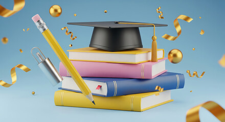 Graduation cap books pencil confetti celebrate achievement education success learning