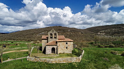 Aerial view of San Esteban Romanesque Church in Lomilla countryside