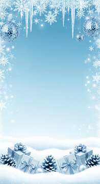 A serene winter wonderland backdrop featuring sparkling snowflakes, glistening icicles, and festive gift boxes nestled in fresh snow, perfect for holiday greetings and seasonal promotions