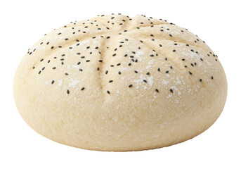 Round loaf of bread with black sesame seeds isolated, freshly baked sourdough bun on transparent background for bakery concepts