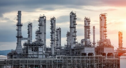 Oil refinery plant with towers and pipelines under a cloudy sky at sunset