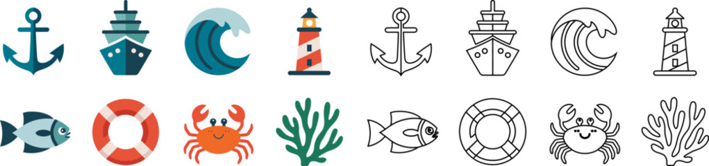 Nautical themed icon set with anchor ship wave and lighthouse vector