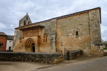 Exterior of Romanesque San Juan Bautista Church in Moarves de Ojeda Palencia