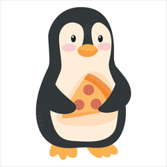 A cute cartoon penguin holding a slice of pizza. The penguin has a round body, black and white feathers, and a cheerful expression.