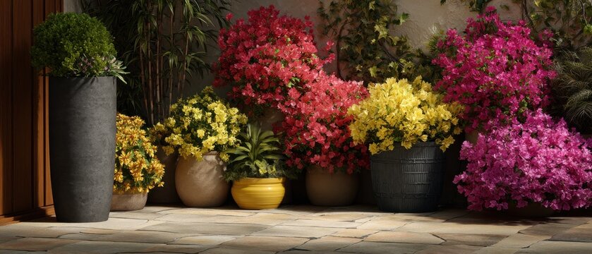 Outdoor garden display of colorful potted plants in full bloom on stone patio at ground level