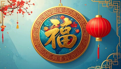 Auspicious gold character on a blue circle, lantern, and blossom