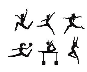 Silhouettes of gymnasts in various poses and actions