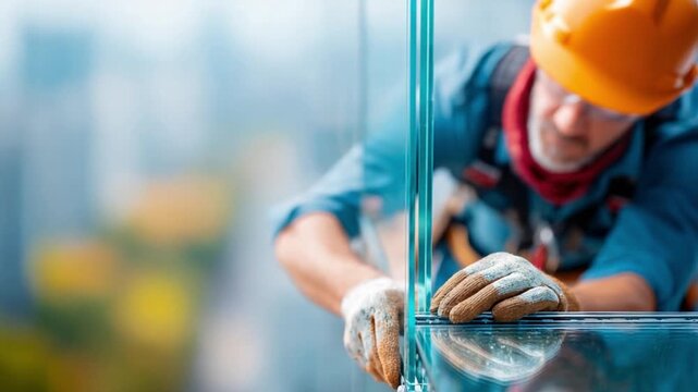 Glass Installation: A construction worker, clad in a protective helmet and harness, expertly installs a pane of glass in a modern high-rise.