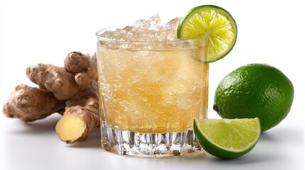 Refreshing Moscow Mule Cocktail with Ginger and Lime on White Background Studio Shot Close Up Still Life Drink