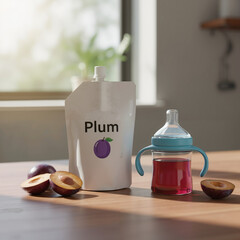 Plum baby drink pouch with sippy cup and fresh plums