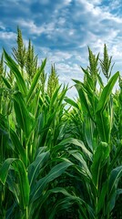 Fototapeta premium Awesome photo of field of sorghum plants grows tall under a partly cloudy blue sky.
