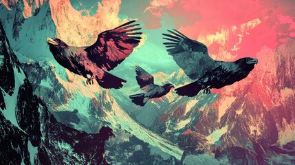 Majestic Eagles Soar Above Colorful Mountain Peaks