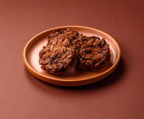 Chocolate chip cookies with caramelized nuts, a healthy sweet snack. Nut cookies