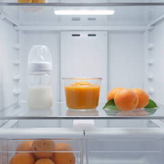 Baby food mashed apricot puree in fridge
