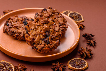 Chocolate chip cookies with caramelized nuts, a healthy sweet snack. Nut cookies