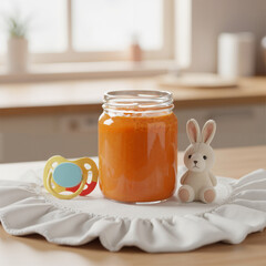 Baby food mashed carrots in glass jar with pacifier and toy bunny