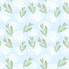 Delicate white flowers and green leaves on blue background.