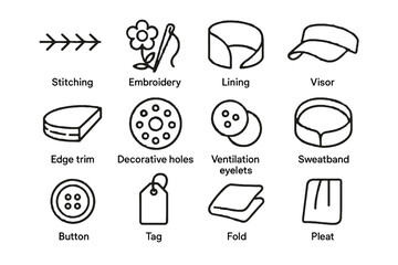 Decorative edge hat tag icon ventilation set sweatband stitching vector button trim
