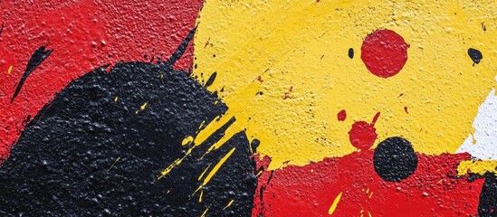 Vibrant Abstract Paint Splatter Texture: Dynamic Red, Yellow, Black Graffiti Art on Rough Wall