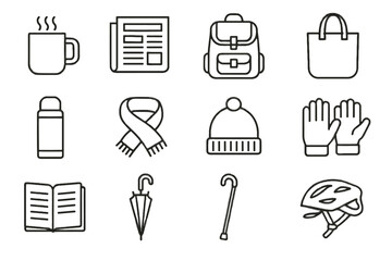 Icons icon essentials hat vector gloves stick journal backpack morning helmet umbrella