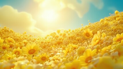 Dreamy Field of Yellow Flowers Under Sunny Sky, Artistic Rendering.