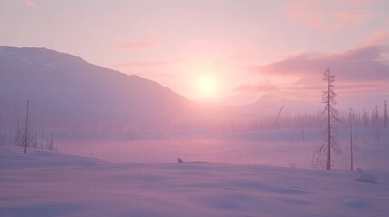 Ethereal Winter Landscape: Pink Sunset Over Snow-Covered Mountains and Forest