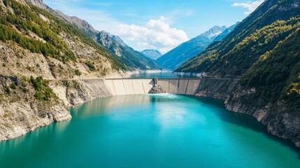 Alpine Dam Turquoise Lake Reflecting Mountain Peaks and Blue Sky,Hydropower,Reservoir