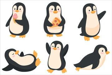 A collection of cute cartoon penguins engaging in various activities. Some are holding ice cream and pizza, while others are playing and relaxing. © dasha122007