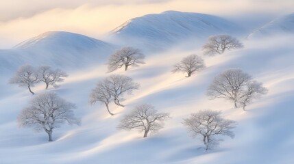 A Silent Orchard of Hoarfrost Trees on Rolling Snowy Hills Bathed in Ethereal Dawn Light.