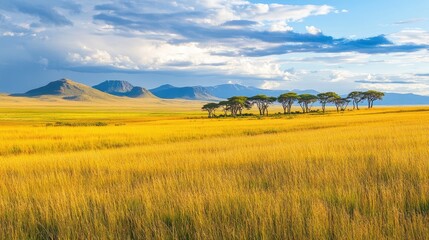 Golden Grassland Vista: Acacia Trees and Distant Mountains Under a Cloudy Sky