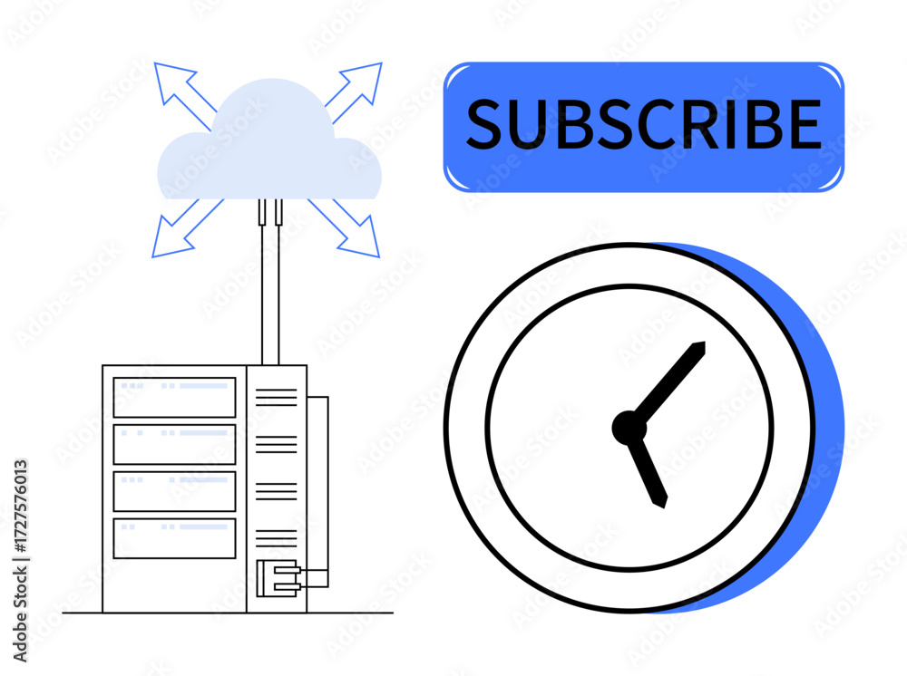 Poster server connected to cloud with synchronization arrows, clock showing time, and subscribe button. ide