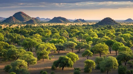African Savanna Panorama at Dawn, Lush Trees and Gentle Hills