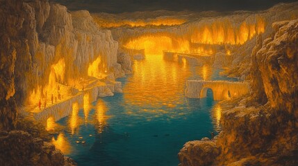 Golden River of the Underworld: A Mythical Journey Through Fire-Lit Canyons