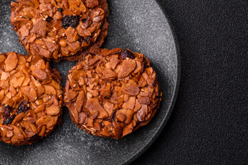 Chocolate chip cookies with caramelized nuts, a healthy sweet snack. Nut cookies