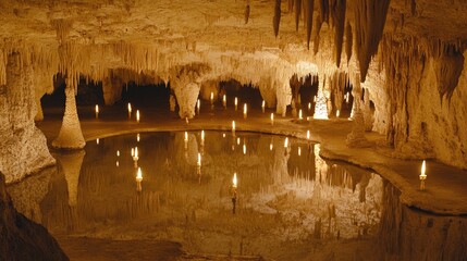 Carlsbad Caverns: Candles Illuminate Stalactites and Reflections in Subterranean Pool