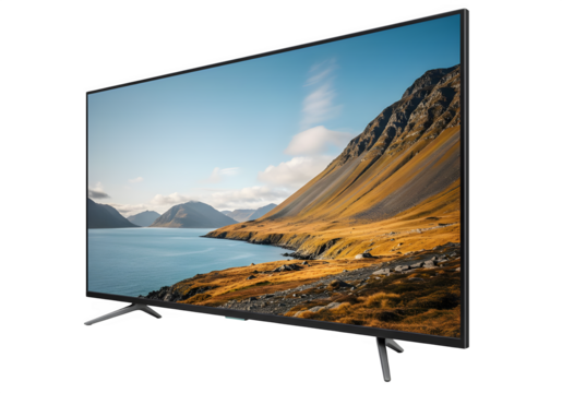 Perspective view of television TV or computer PC monitor display, isolated on white or transparent background. PNG