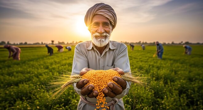 Authentic farmer proudly presents the bountiful harvest of lentils and wheat, cultivated with care in the golden sunset fields of rural India
