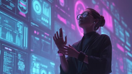 A futuristic businesswoman interacts with advanced technology interfaces in a vibrant, digital environment, showcasing innovation and professionalism in the digital era. - Powered by Adobe