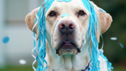 Happy Labrador Retriever Celebrates with Streamers, Showing Joyful and Festive Expression